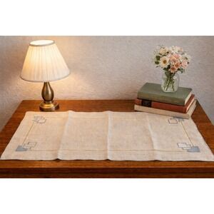 Linen Table Runner Ivory Blue Off-White Art Deco Geometric Embroidered MCM